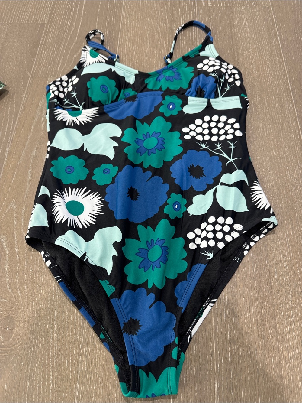 Women’s Floral One-Piece Swimsuit - Black with Blue & Green Flowers